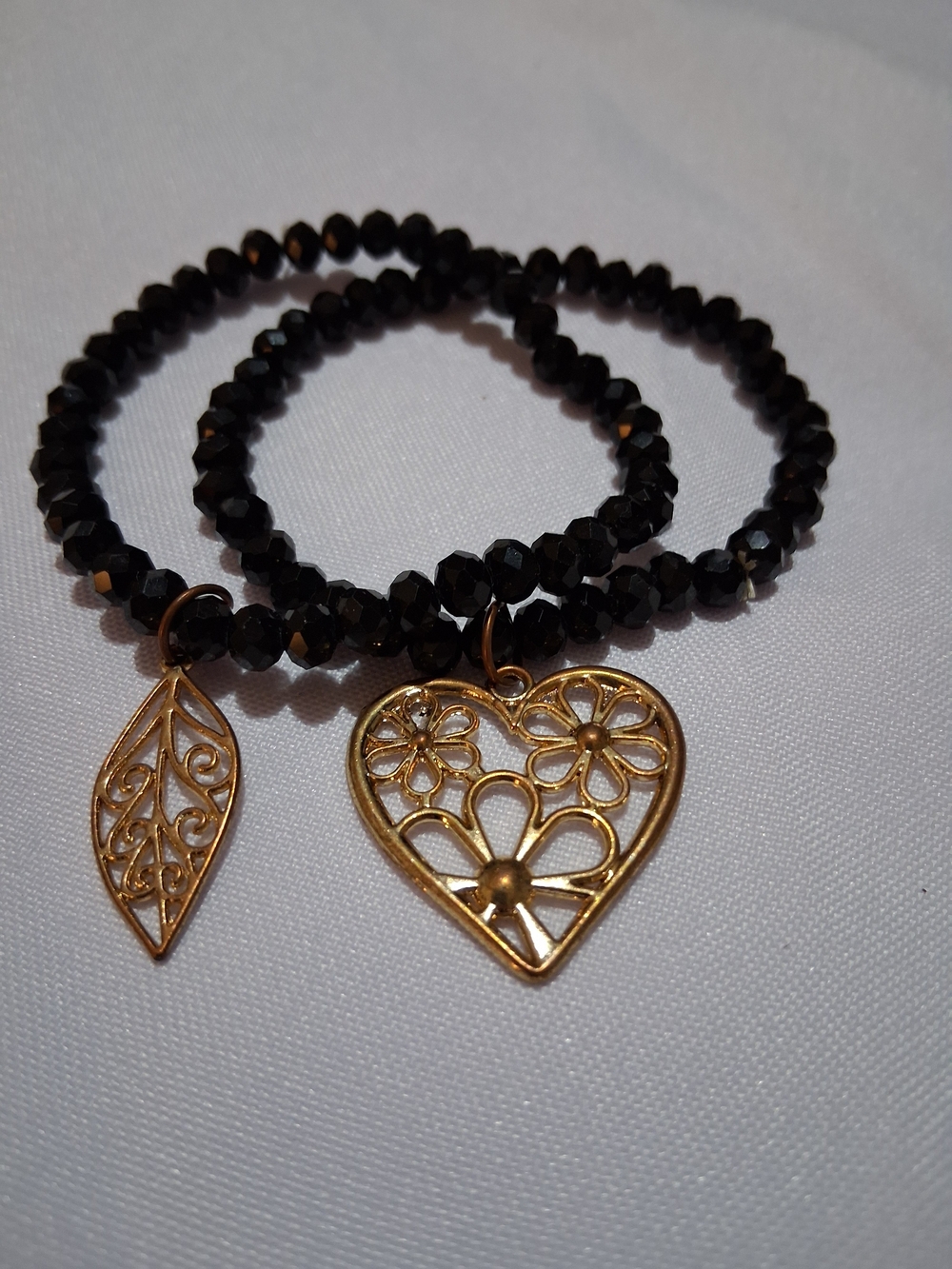 Gold Floral Heart & Leaf Charm Black Beaded Stretch Bracelet Set